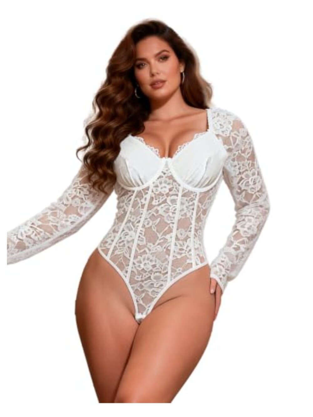 Womens Long Sleeve Lace Bodysuit Underwire Square Neck Top